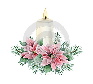Christmas burning candle with pink poinsettia flowers and fir tree branches watercolor illustration for New Year holiday