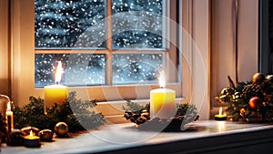 Christmas burning candles and decorations on a winter snowy night in the background -4k Seamless Loop