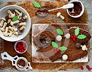 Christmas Bush de Noel - homemade chocolate yule log cake , Christmas and New Year traditional recipe