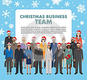 Christmas business team. Group of business men and women standing together in Santa Claus hats on blue background in flat style.