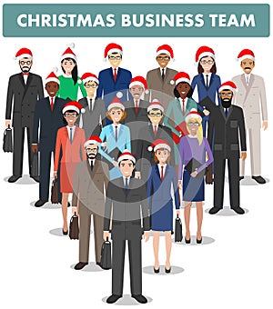 Christmas business team. Group of business men and women standing together in Santa Claus hats on white background in flat style.