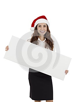 Christmas business woman holding a blank poster with copy space