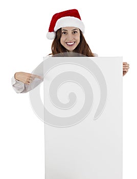 Christmas business woman pointing to copy space