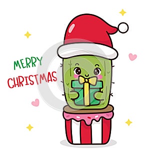 Christmas cactus santa claus cartoon and gift kawaii vector winter season. X mas card (happy new year kids)