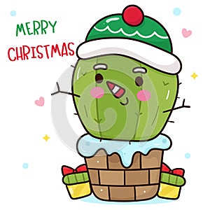 Christmas cactus snowman kawaii vector. X mas card (happy new year kids) fairy tale book.