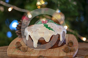 Christmas cake with christmas tree and ornaments