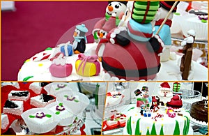 Christmas Cake with figurines of Santa Claus and snowhite , Icing Figurines,collage photo