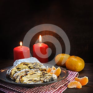 Christmas cake, german christstollen with raisins and marzipan i
