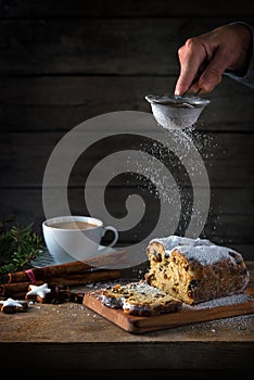 Christmas cake, in germany christstollen is sprinkled with icing