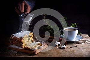 Christmas cake, in germany christstollen and sprinkling powdered