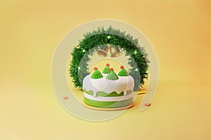 Christmas cake with green wreath and gold bells ornament 3d illustration