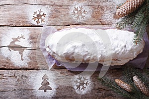 Christmas cake with icing sugar horizontal top view