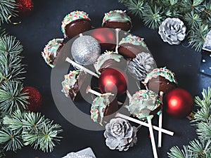 Christmas cake pops tree. Angle view