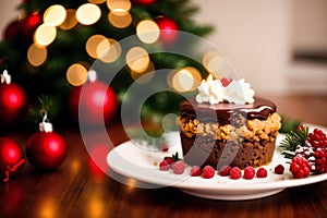 Christmas cake with whipped cream and fresh berries on a wooden table. Delicious pudding with raspberry sauce. Generative AI