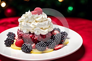 Christmas cake with whipped cream and fresh berries on a wooden table. Delicious pudding with raspberry sauce. Generative AI