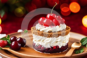 Christmas cake with whipped cream and fresh berries on a wooden table. Delicious pudding with raspberry sauce. Generative AI