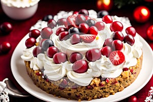 Christmas cake with whipped cream and fresh berries on a wooden table. Delicious pudding with raspberry sauce. Generative AI