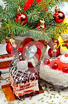 Christmas cakes on christmas background.