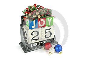 Christmas calendar with 25th December on wooden blocks