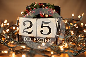 Christmas calendar with 25th December on wooden blocks