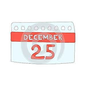 Christmas calendar date illustration. New Year decorative vector element, colorful holiday December 25 calendar sheet