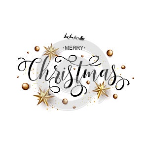 Christmas Calligraphic Inscription Decorated with Golden Stars a