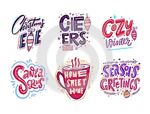 Christmas calligraphy holiday lettering collection set. Hand drawn vector colorful illustration.