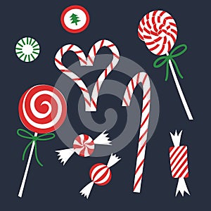 Christmas candies set. Candy cane, swirl lollipop, spiral lollypop, peppermint bonbons in wrappers.