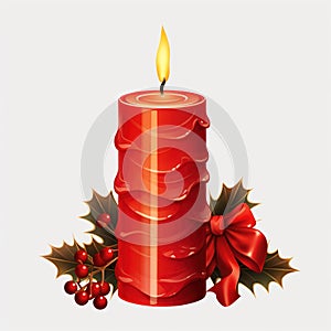 Christmas candle with brunch and donuts. Isolated on white background with shadow reflection. Xmas candle with twig and