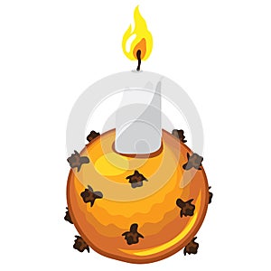 Christmas candle with candle holder made of orange with dry cloves isolated on white background. Natural pomander