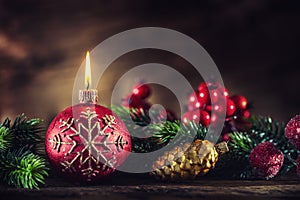 Christmas candle. Christmas burning candle with christmas decorations