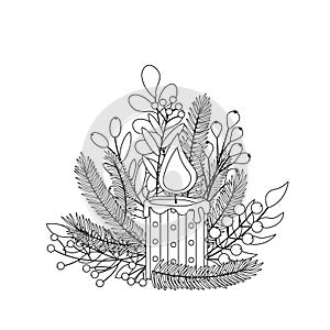 Christmas candle coloring page. Black and white candle, fir tree, berries. Vector