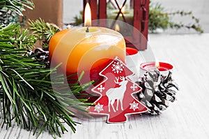 Christmas Candle Decoration with Fir Tree and Ornaments