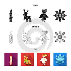 Christmas candle, deer, angel and snowflake black,flat,outline icons in set collection for design. Christmas vector