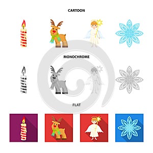 Christmas candle, deer, angel and snowflake cartoon,flat,monochrome icons in set collection for design. Christmas vector