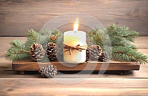 Christmas Candle with fir branches on a wooden background