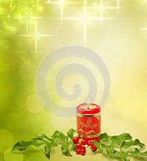 Christmas candle and holly background