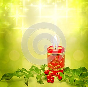 Christmas candle and holly background