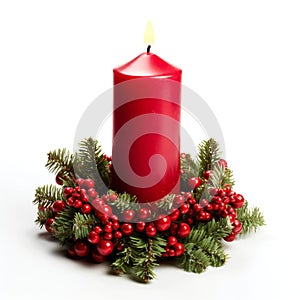 Christmas candle with holly berry decoration isolated on white background