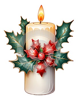 Christmas candle with holly isolated on white background