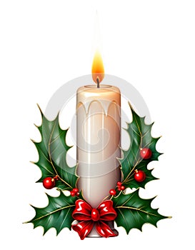 Christmas candle with holly isolated on white background