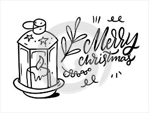 Christmas candle and phrase. Black and white vector illustration.