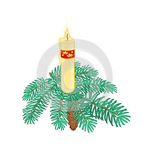 Christmas candle on spruce branch with pinecone vector