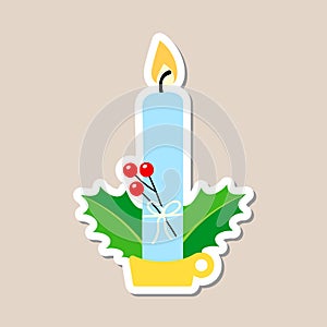 Christmas candle sticker and holly berries. A festive sticker icon with a candle