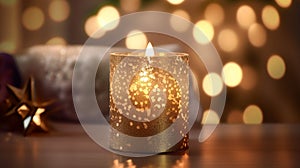 a Christmas candle surrounded by delicate bokeh lights