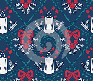 Christmas candle vector damask pattern seamless blue