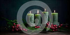 Christmas candles, Advent, with spruce branches and berries on green background