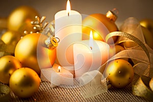 Christmas candles background with glitter and baubles