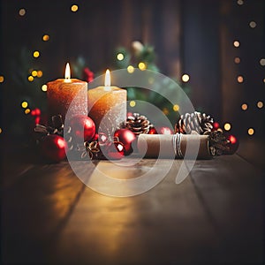 Christmas Candles Baubles Table Bokeh Lights Winter Background