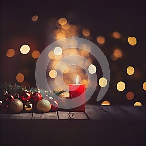 Christmas Candles Baubles Table Bokeh Lights Winter Background